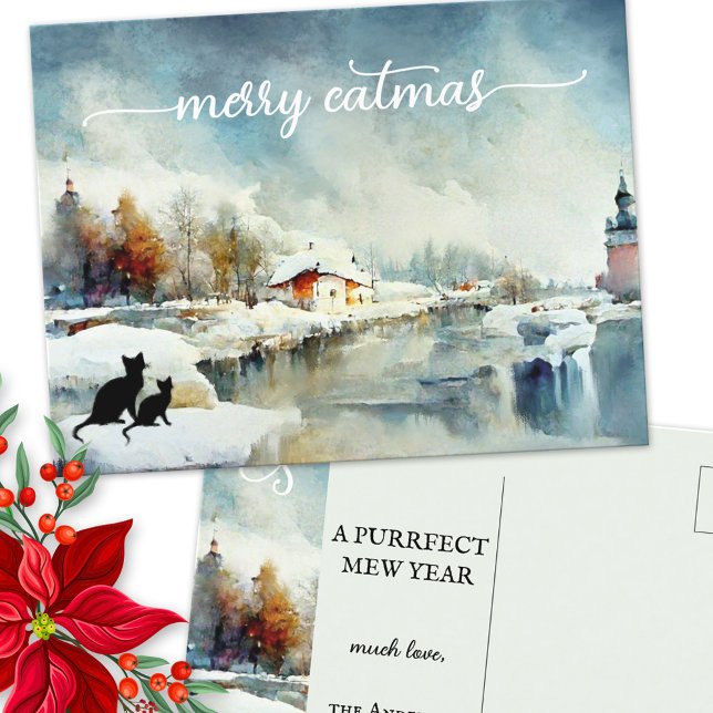 Cute Watercolor Winter Cat Christmas New Year Card (Creator Uploaded)