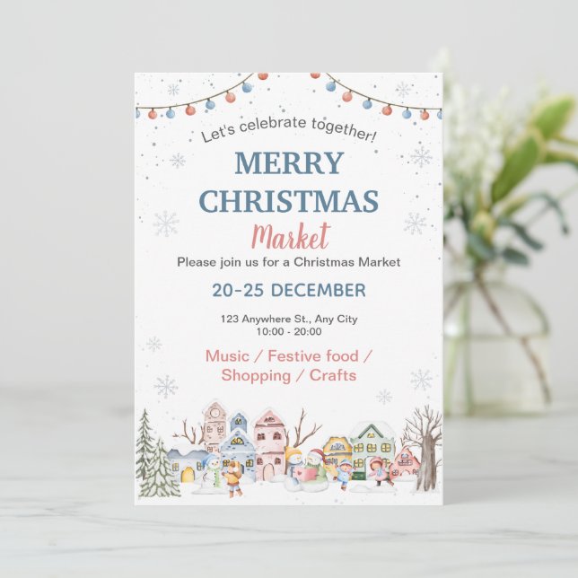 Cute Watercolor Winter Holiday Christmas Market Invitation (Standing Front)