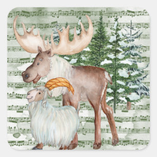 Cute Watercolor Winter Moose and Goat Square Sticker