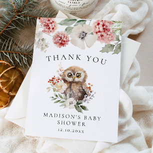 Cute Watercolor Winter Owl Baby Shower Thank You Card