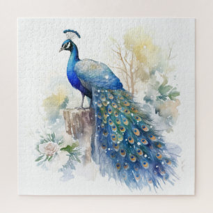 Cute Watercolor Winter Peacock Jigsaw Puzzle