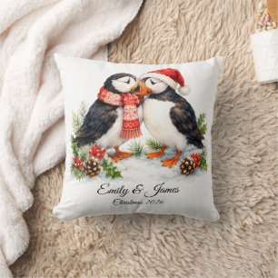 Cute Watercolor Winter Puffins Christmas Throw Cushion