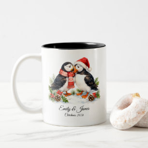 Cute Watercolor Winter Puffins Christmas Two-Tone Coffee Mug