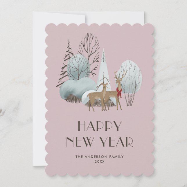 Cute Watercolor Winter Scene Happy New Year Card (Front)