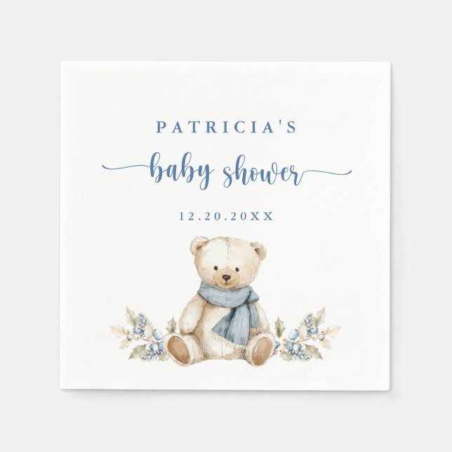 Cute Watercolor Winter Teddy Bear Baby Shower Napkin (Front)