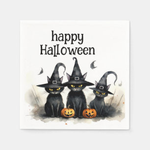 Cute Watercolor Witch Cats Pumpkins Halloween Napkin