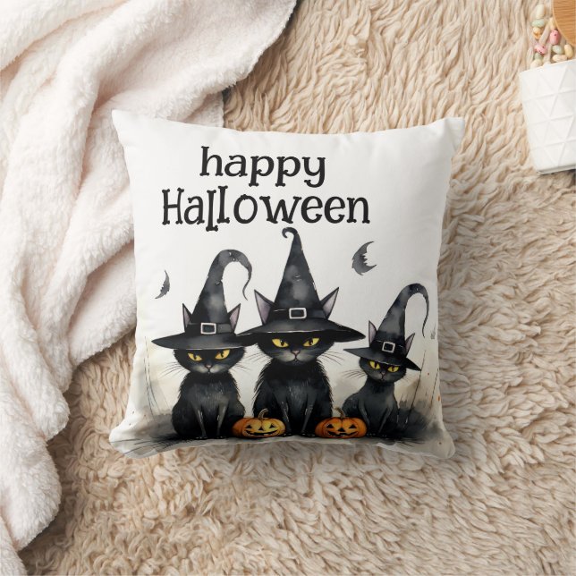 Cute Watercolor Witchy Cats Pumpkins Cushion (Blanket)