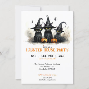 Cute Watercolor Witchy Cats Pumpkins Halloween Invitation