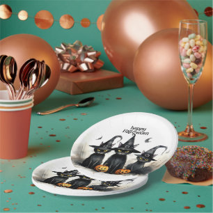Cute Watercolor Witchy Cats Pumpkins Halloween Paper Plate