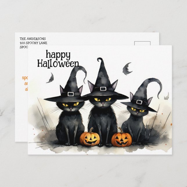 Cute Watercolor Witchy Cats Pumpkins Halloween Postcard (Front/Back)