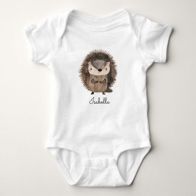 Cute Watercolor Woodland Animal Hedgehog Baby Name Bodysuit (Front)