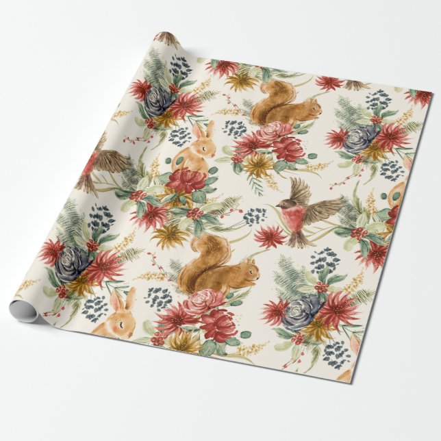 Cute Watercolor Woodland Animals Floral Pattern Wrapping Paper (Unrolled)