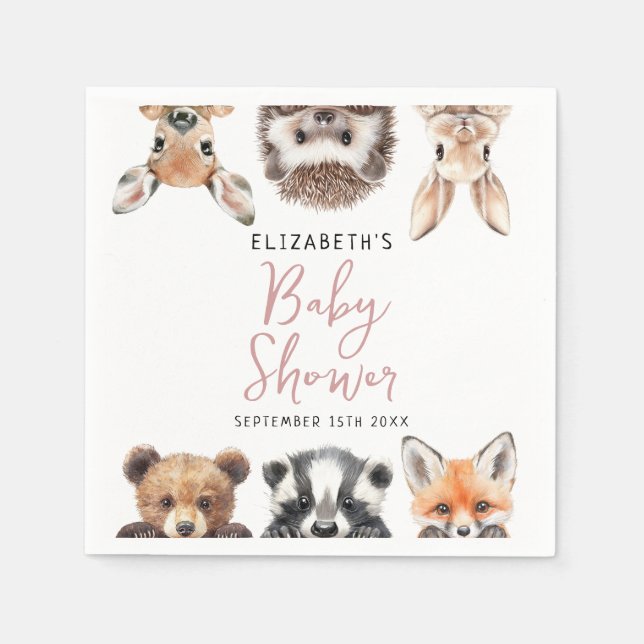 Cute Watercolor Woodland Animals Girl Baby Shower Napkin (Front)