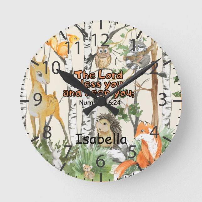 Cute Watercolor Woodland Animals Scripture Name Round Clock (Front)