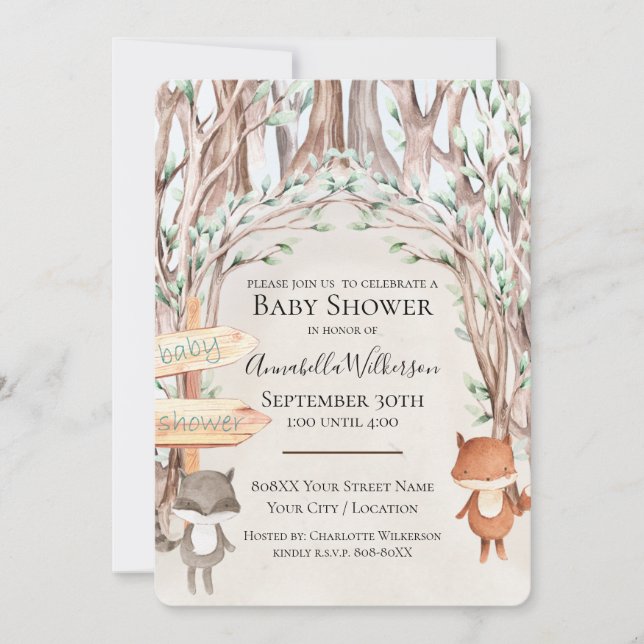 Cute Watercolor Woodland Baby Animals Invitation (Front)