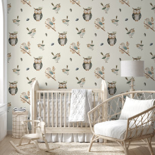 Cute Watercolor Woodland Birds Boho Nursery Wallpaper