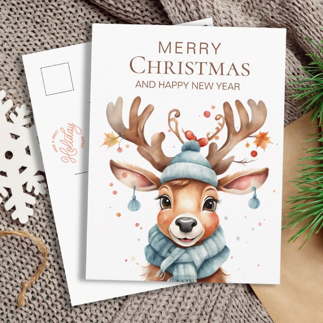 Cute Watercolor Woodland Christmas Reindeer Postcard (Cute Watercolor Woodland Christmas Reindeer Postcard)
