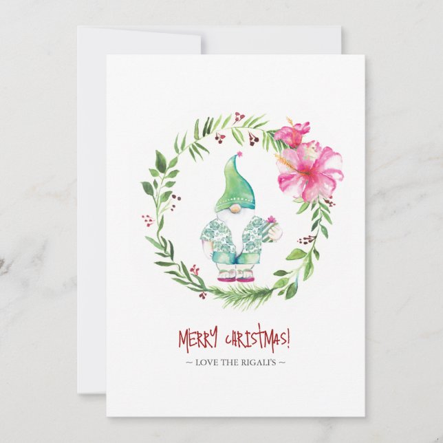 Cute Watercolor Wreath and Gnome Holiday Card (Front)
