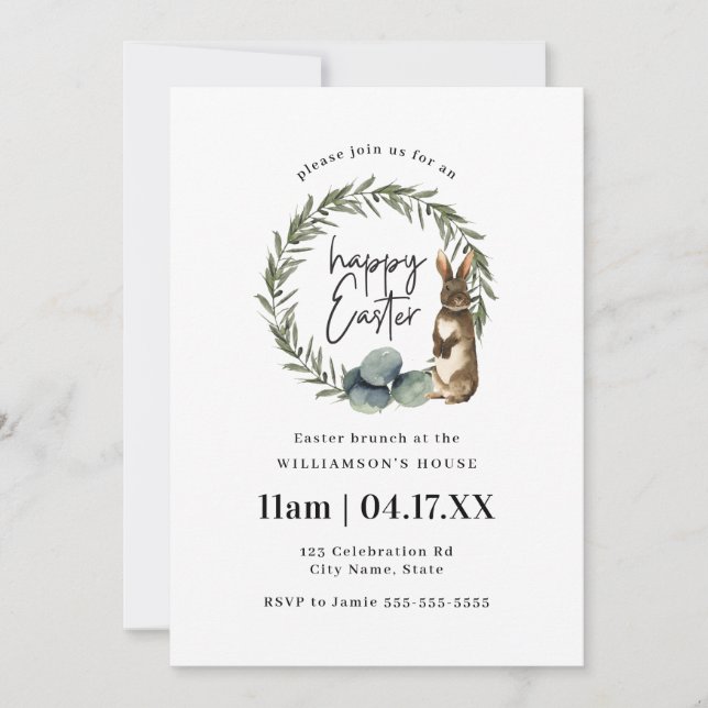 Cute Watercolor Wreath Bunny Easter Brunch  Invitation (Front)