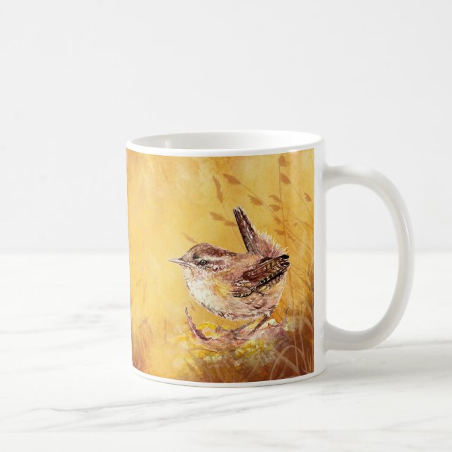Cute Watercolor Wren Bird Painting Coffee Mug (Right)