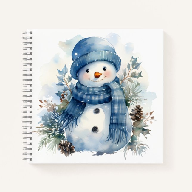 Cute Watercolor Xmas Snowman Wearing Blue Scarf  Notebook (Front)