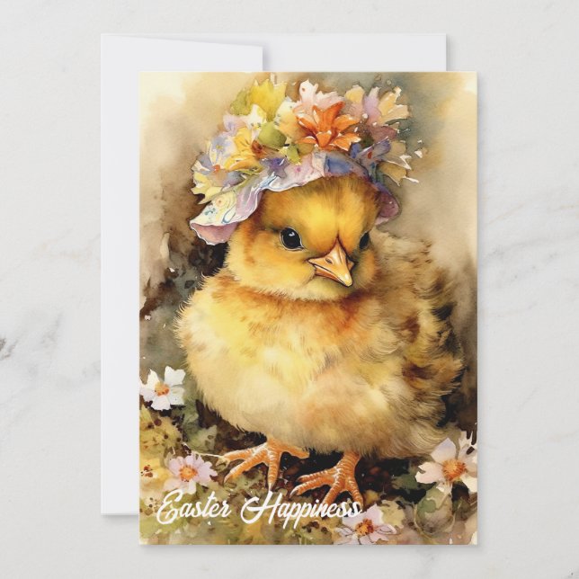 Cute watercolor yellow little chicken with bonnet holiday card (Front)