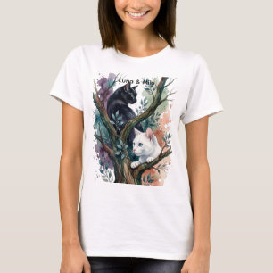 Cute Watercolor Yin Yang Cats With Flowers Custom T-Shirt