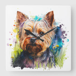 CUTE WATERCOLOR YORKSHIRE TERRIER DOG SQUARE WALL CLOCK