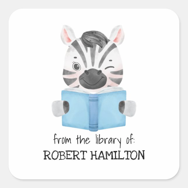 CUTE WATERCOLOR ZEBRA READING BOOK BOOKPLATE SQUARE STICKER (Front)
