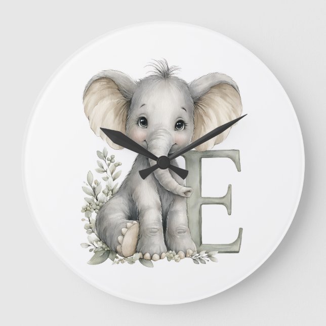 Cute watercolour baby animal alphabet Elephant Large Clock (Front)