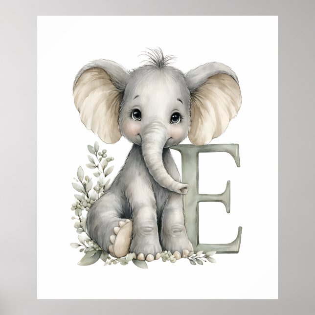 Cute watercolour baby animal alphabet Elephant Poster (Front)