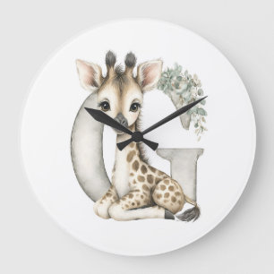 Cute watercolour baby animal alphabet Giraffe Large Clock
