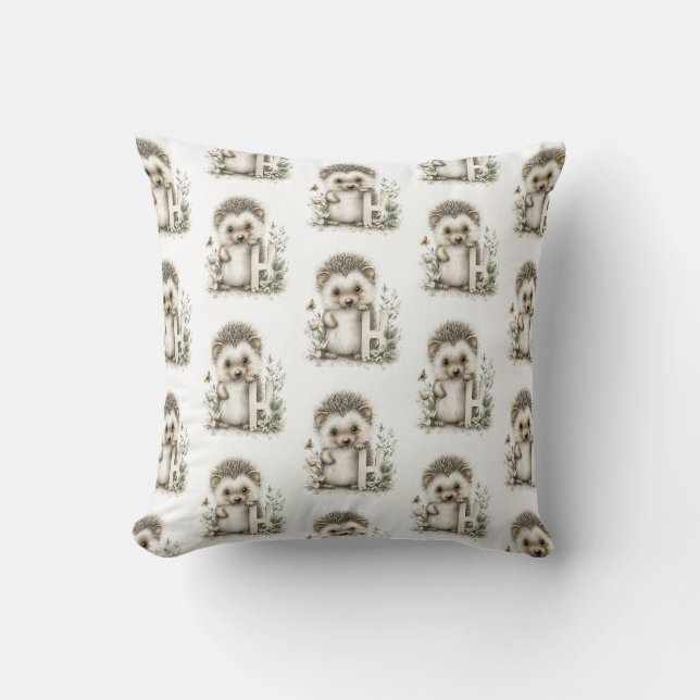 Cute watercolour baby animal alphabet Hedgehog Cushion (Front)
