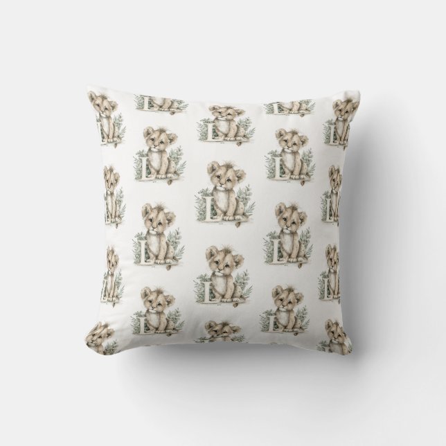 Cute watercolour baby animal alphabet Lion Cushion (Front)