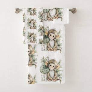 Cute watercolour baby animal alphabet monkey bath towel set