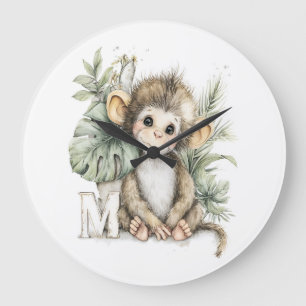 Cute watercolour baby animal alphabet monkey large clock