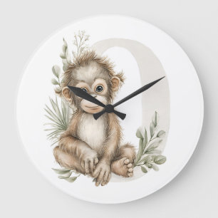 Cute watercolour baby animal alphabet Orangutan Large Clock