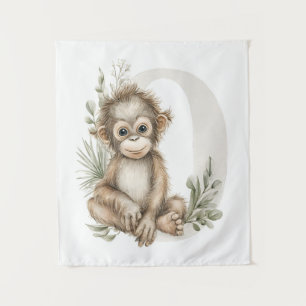 Cute watercolour baby animal alphabet Orangutan Tapestry
