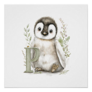 Cute Watercolour Baby Animals Alphabet Penguin Poster