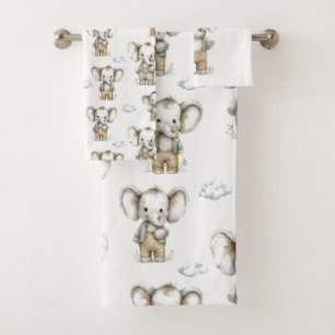 Cute watercolour baby boy elephants illustration bath towel set