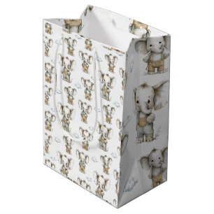 Cute watercolour baby boy elephants illustration medium gift bag