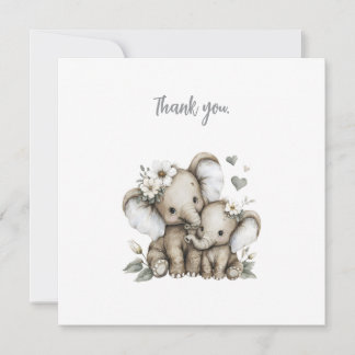 Cute Watercolour Baby Girl Elephants with Flowers Thank You Card