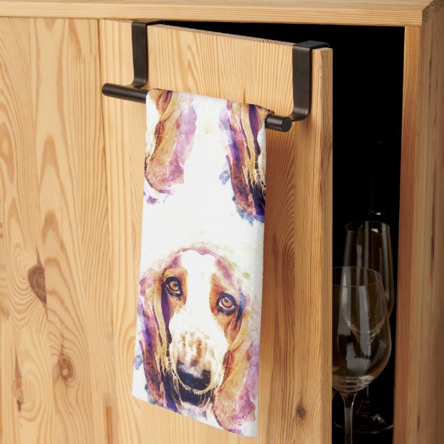 Cute Watercolour Basset Hound Dog Face Head Tea Towel (Thirds Fold)
