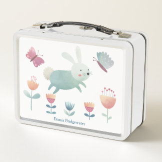 Cute watercolour Bunny & flowers  Personalised   M Metal Lunch Box