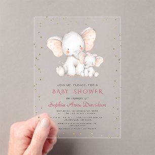 Cute Watercolour Elephant Girl Baby Shower Acrylic Invitations