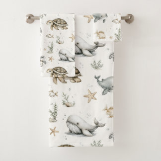 Cute Watercolour Ocean Baby Animals Bath Towel Set