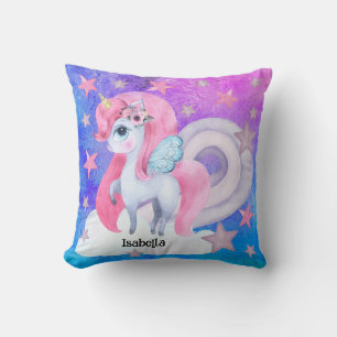 Cute Watercolour Rainbow Unicorn Personalised Cushion