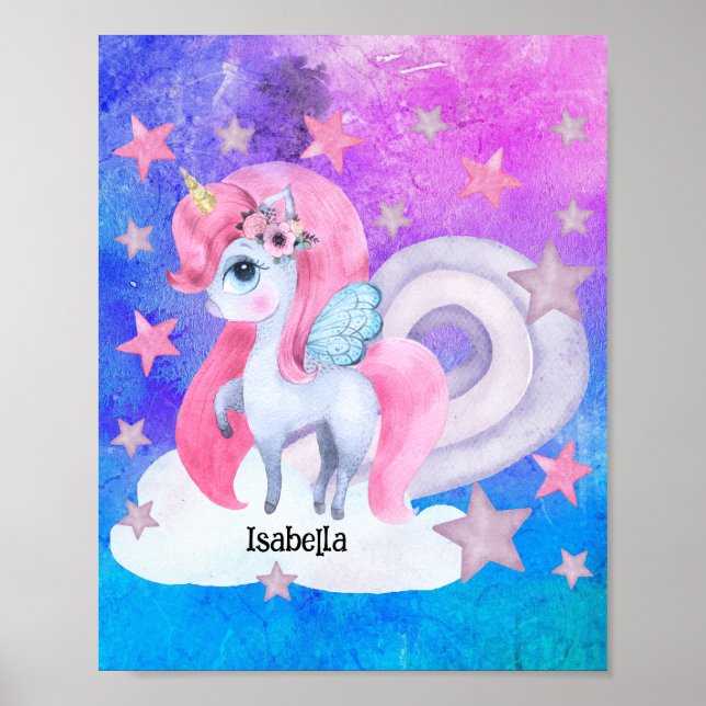 Cute Watercolour Rainbow Unicorn Personalized Poster (Front)