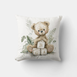 Cute Watercolour Teddy with wooden blocks Cushion