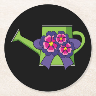 Cute Watering Can with Flowers Bouquet Round Paper Coaster